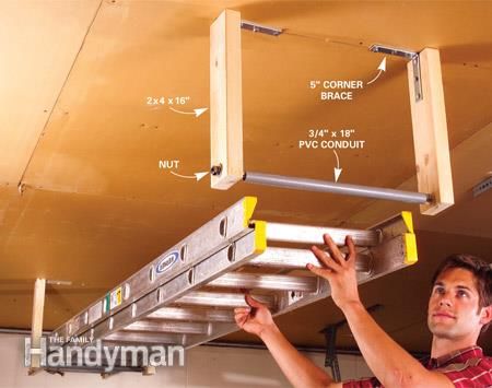 Hang ladders up high so you can use the space below! Hang lightweight items from the ladder and if it's soft- on top! 💜//Jean  brazenfaithllc.com Shed Organisation, Easy Garage Storage, Ladder Storage, Shed Organization, Garage Storage Solutions, Garage Organize, Garage Shed, Garage Makeover, Garage Storage Organization