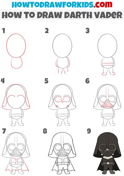 How to Draw Darth Vader - Easy Drawing Tutorial For Kids Darth Vader Cartoon Drawing, How To Draw Darth Vader Step By Step, Darth Vader Easy Drawing, Darth Vader Doodle, Star Wars Drawings Easy Step By Step, Darth Vader Painting Easy, How To Draw Star Wars Step By Step, Easy Starwars Drawing, How To Draw Darth Vader