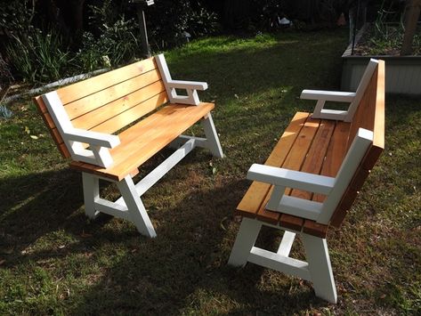 Convertible Picnic Table and Bench - buildsomething.com Convertible Picnic Table And Bench, Convertible Picnic Table, Deck Update, Picnic Table Bench, Garden Seat, Free Woodworking Plans, Garden Seating, Project Plans, Woodworking Plans Free