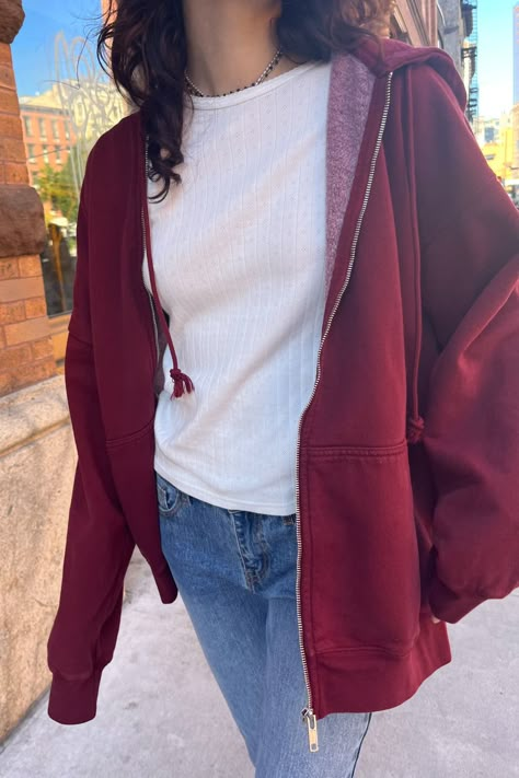 Maroon Hoodie Outfit, Christy Hoodie Brandy Melville, Red Hoodie Outfit, Dark Red Hoodie, Brandy Melville Christy Hoodie, Brandy Melville Zip Up Hoodie, Red Jacket Outfit, Brandy Jacket, Zip Hoodie Outfit