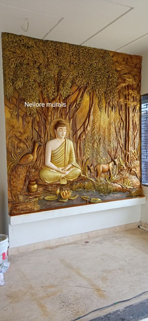 Buddha Wall Art Living Room, Buddha Wall Decor Living Room, Buddha Murals Wall Art, Buddha Mural Painting, Indian Mural Wall Art, Buddha Wall Decor Interior Design, Buddha Room Design, Wall Decoration Ideas With Paper, Wooden Door Ideas