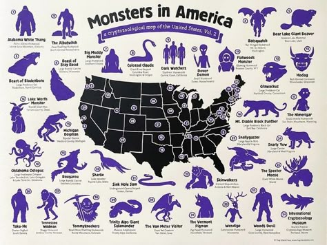 Mythical Creatures List, Michigan Dogman, Flatwoods Monster, Sink Hole, Goblin Art, Map Of The United States, Myths & Monsters, World Mythology, Legends And Myths