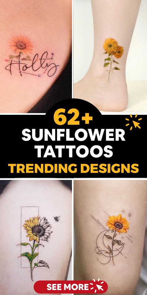 Embrace the timeless allure of sunflower tattoos to infuse your skin with artistic brilliance. Delve into a realm of floral creativity featuring designs that embody the spirit of sunshine and optimism. Whether you fancy a lively arrangement of sunflowers or a solitary elegant bloom, there exists a tattoo to uplift your spirits. Allow the symbolism of joy and affection to radiate from your inked masterpiece, spreading happiness wherever you go. Discover inspiration in the beauty and positivity en Sunflower Tattoo Meaning, Sunflower Tattoo Simple, Sunflower Tattoo Shoulder, Tattoo Concepts, Black Cat Tattoos, Small Sunflower, Sunflower Tattoos, Sunflower Tattoo Design, Sunflower Tattoo