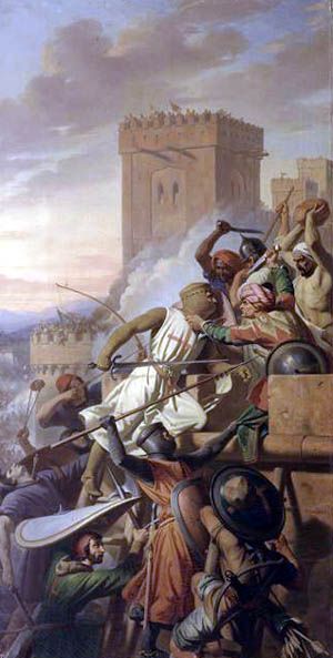 Capture of Marra (1098). The Knight Templar is a definite anachronism. First Crusade, Crusader Knight, Medieval Ages, Ancient Warfare, Knight Art, Knight Armor, Medieval Knight, Medieval History, Historical Art