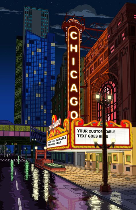 This is a drawing of the Chicago Theater I created that took me over 4 months to finish! It was drawn and colored in Photoshop. I think it would make for an awesome piece of wall art. 100% Original drawing (not traced) Customizable! Marquee can read whatever you want, This listing is for you to DOWNLOAD the file and print it at your local print shop. Should be printed on 11 x 17 premium paper for best quality. File is in TIFF format to give you best quality print. Please do not share this file. Chicago Skyline Drawing, Chicago Drawing, Chicago Graphic Design, Theatre Drawing, Chicago Artwork, Paper Airplane Tattoos, Chicago Art Print, Art Deco City, Chicago Theatre