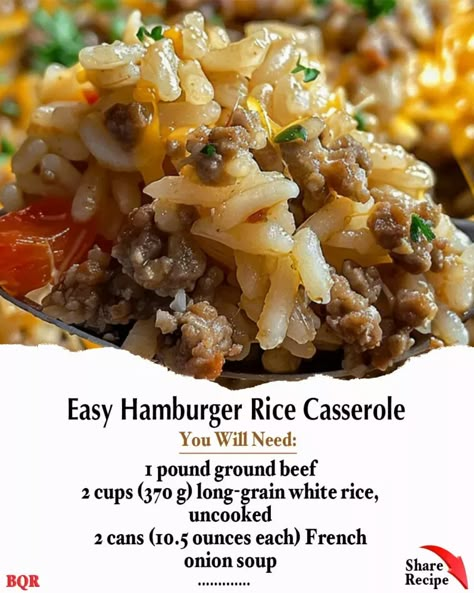 Easy Hamburger Rice Casserole – 99easyrecipes Recipes With Beef Consomme, French Onion Ground Beef Rice Casserole, French Onion Beef And Rice Casserole, French Onion Ground Beef And Rice Casserole, Simple Meals With Ground Beef, Ground Beef And Onion Recipes, French Onion Rice Casserole, French Onion Ground Beef And Rice, Beef Consomme Rice