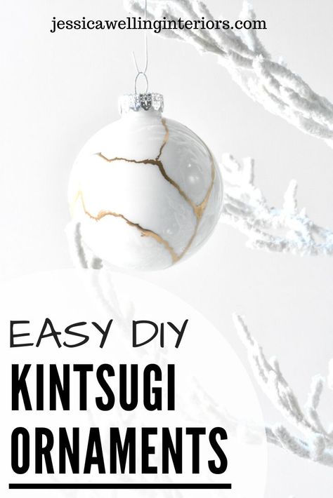 Make stunning kintsugi glass ornaments for the tree in just a few minutes! This easy DIY Christmas craft uses gold leaf paint. Kintsugi Christmas Ornament, Kintsugi Diy, Gold Leaf Paint, Leaf Ornament, Unique Christmas Ornaments, Modern Christmas Decor, Website Logo, Glass Bauble, Easy Christmas Diy