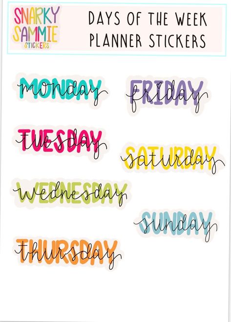 Digital Days of the Week Stickers - Colorful tidbitsdigitalplanners #hourlyplanner #digitalplannerfreebies #dailyplanneruk Work Digital Stickers, Days Of The Week Planner Stickers, Digital Calendar Stickers, Days Of The Week Lettering, Planner Sticker Ideas, Good Notes Stickers Free, Digital Scrapbook Stickers, Good Notes Stickers, Free Digital Planner Stickers