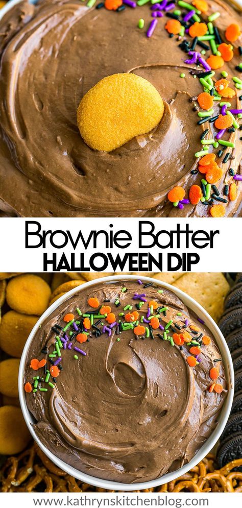 This creamy Brownie Batter Dip is a fun, easy, and super quick dessert to make for large gatherings, parties, and Halloween. Made with only 4 ingredients and served with your favorite dippers! Halloween Party Chips And Dip, Halloween Party Appiterzers, Snacky Foods Easy, Spooky Foods For Halloween Potluck, Fall Dip Dessert, Office Halloween Food Ideas, Quick Halloween Food For Party, Fall Halloween Food Ideas, Easy Diy Halloween Desserts