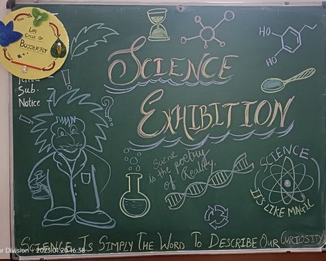 Science Exhibition Board Decoration, Black Board Decoration, Black Board Decoration Ideas School, Notice Board Decoration, Science Exhibition Ideas, Teacher Meeting, School Chalkboard Art, Science Exhibition, Chalkboard Art Quotes