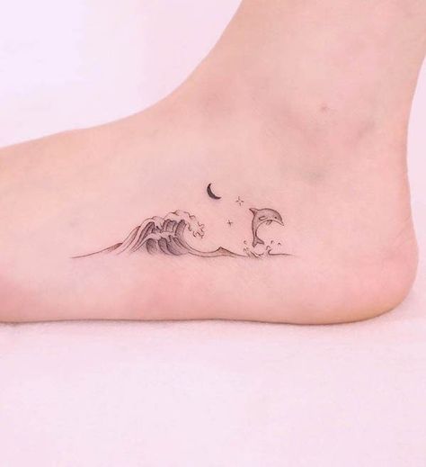 Ankle Dolphin Tattoo, Dolphin Beach Tattoo, Wave Dolphin Tattoo, Dolphin Tattoo Realistic, Pacific Ocean Tattoo, Dolphin Wave Tattoo, Small Dolphin Tattoo Simple, Sea Tatoos The Ocean, Tiny Dolphin Tattoo