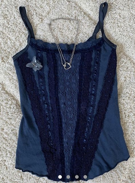 Fae Aesthetic Clothes, Dark Blue Corset, Vintage Cami Top, Blue Corset Top, Teal Outfits, Dark Blue Blouse, Outfit Grunge, Dark Blue Shirt, Corset Outfit