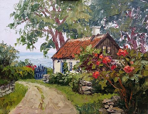 Cottage Painting, Waterfront Cottage, Cottage Art, Landscape Art Painting, Rural Landscape, Amazing Art Painting, Country Art, Oil Painting Landscape, Canvas Art Painting