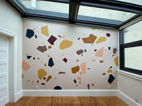 how to paint a wall that makes people ask if it’s a zoom background - Lauren Jong Diy Terrazzo Wall, Paint A Wall, Diy Terrazzo, Terrazzo Wall, Paint Prep, Zoom Background, Leftover Paint, Kinds Of Shapes, Storing Paint