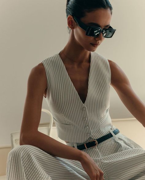 Lichi / Fashion Brand | This chic striped set, crafted with cotton, is a must-have for your spring wardrobe. Wear it as a complete outfit or mix and match the… | Instagram Striped Waistcoat Outfit, Lichi Fashion, Lichi Brand, Waistcoat Outfit, Striped Set, Branded Outfits, Complete Outfits, Spring Wardrobe, Mix N Match