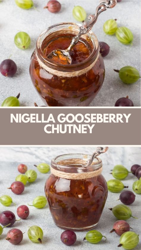 Nigella’s Gooseberry Chutney is made with onions, gooseberries, vinegar, brown sugar, sultanas, salt, ginger, and cayenne pepper creating a flavorful condiment that’s ready in 2 hours and 15 minutes! Gooseberry Chutney, Ginger Chutney Recipe, Cheese And Onion Pie, Nigella Lawson Recipes, Ginger Chutney, Chicken Liver Pate, Chilli Jam, Sides Recipes, Chicken Curry Salad