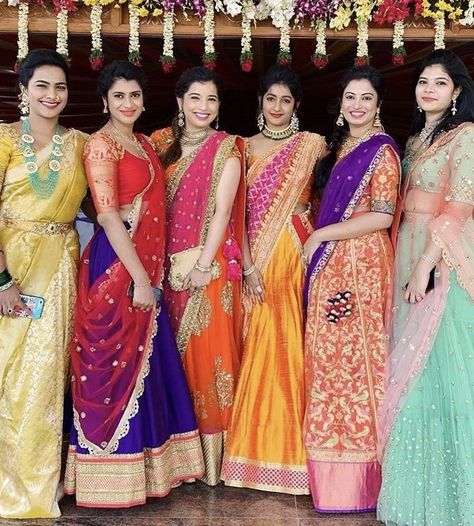 Telugu Bridesmaid, Indian Bride Poses, Langa Voni, Designer Sarees Wedding, Lehenga Saree Design, Half Saree Lehenga, Simple Frocks, Saree Blouse Neck Designs, Lehenga Blouse Designs