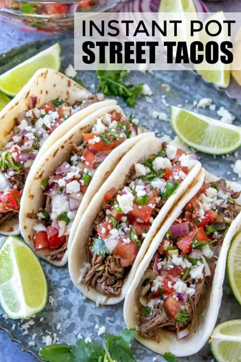 Easy, tender and delicious these Instant Pot Street Tacos are simple recipe quickly made in the instant pot and filled with amazing Mexican flavor. #tacos #instantpot #beef #steak #recipe #weeknightmeal #easyrecipe Insta Pot Tacos Beef, Chuck Roast Street Tacos Instant Pot, Instapot Beef Tacos, Instapot Street Tacos, Mexican Food Recipes Instant Pot, Easy Family Instant Pot Meals, Instant Pot Beef Tacos, Pressure Cooker Tacos, Instapot Mexican Recipes