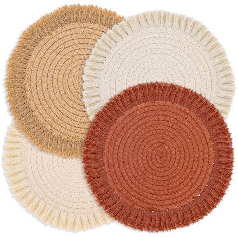 PRICES MAY VARY. Highly Quality Trivets Set: Our pot holders come in a set of 4 that are made from pure natural cotton by weaving. Macrame hot pads side with tassels create a beautifully elegant and rustic round design and add a natural soft touch to your dining room. Durable and Heat Resistant: The farmhouse trivet set provides the perfect eco-friendly insulation against heat for your dining table, compared with silicone insulation pads, they have stronger heat resistance which will not melt. F Neutral Fall Decor Ideas, Boho Placemats, Fall Pots, Natural Placemats, Coloring Placemats, Kitchen Trivets, Boho Style Decor, Neutral Fall Decor, Kitchen Table Decor