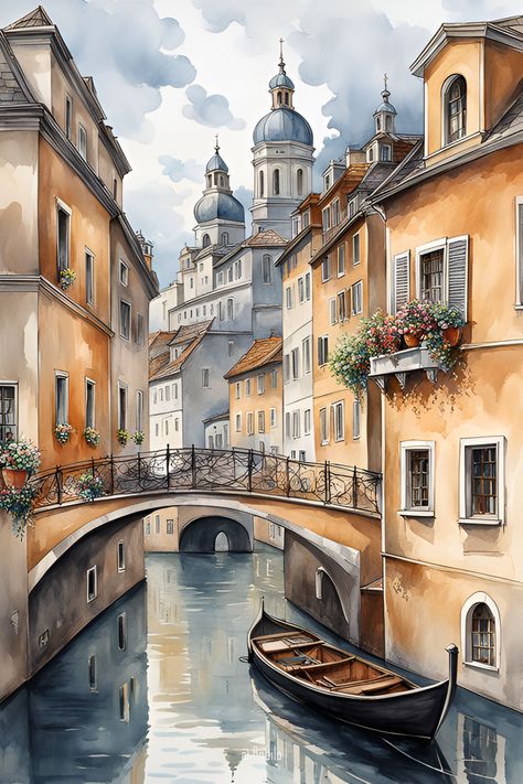 Old Architecture Painting, Old City Painting, Paintings Of Venice, Watercolor Landscape Paintings Village, Fantasy City Landscape, Berlin Sketch, Watercolor Art City, Venice Drawing, City Watercolor Painting