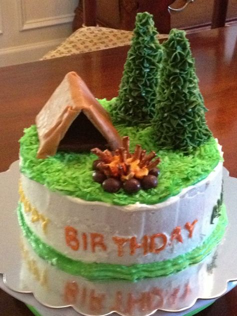 Completely edible Camping cake with trees, fire and tent Outdoors Birthday Cake, Camping Theme Cakes, Camping Birthday Cake, Campfire Cake, Camping Theme Birthday Party, Camping Cakes, Camping Theme Birthday, Whipped Icing, Camping Birthday Party