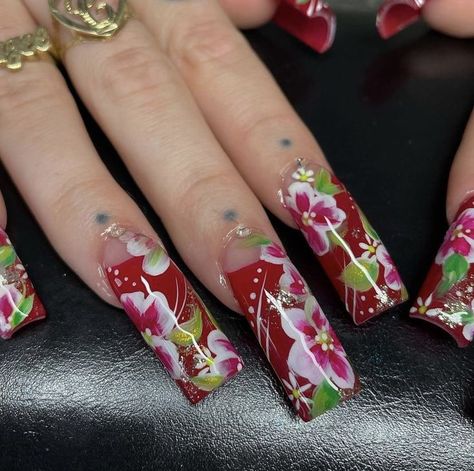 Red Flower Acrylic Nails, Early 2000 Nails, Red Floral Nails, 90s Nails, Sculpted Nails, Asian Nails, Her Nails, Really Cute Nails, Nails Only