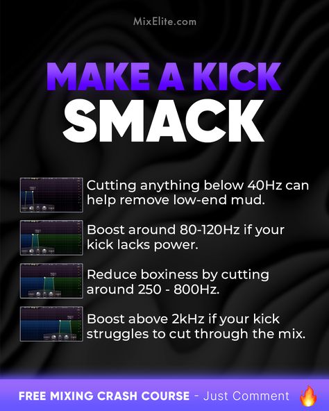 Free Mixing Crash Course 👉 MixElite.com/free-course  Kick to the beat! 🥁🚀   #MusicProduction #BeatMaker #AudioMixing #KickDrums #HomeStudioSetup #ProducerGrind #StudioTips #SoundEngineering #BeatCreation #AudioEffects #MixingMasterclass #ProduceThatTrack Beat Making Tips, Mixing Cheat Sheet, Music Hacks, Songwriting Prompts, Mixing Music, Music Basics, Recording Studio Equipment, Music Engineers, Recording Booth