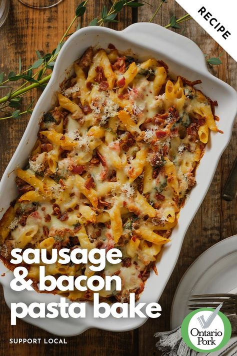 Sausage & Bacon Pasta Bake Recipe Chicken Bacon Sausage Recipes, Sausage And Bacon Casserole, Italian Sausage And Bacon Recipes, Ground Sausage And Bacon Recipes, Sausage Bacon Pasta, Bacon And Sausage Recipes, Sausage And Bacon Recipes, Recipes Using Italian Sausage, Bacon Pasta Recipes