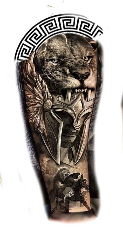 Lion And Warrior Tattoo, Roman Knight Tattoo, Warrior Tattoo Design For Men, Gladiator Tattoo Design For Men, Spartan Tattoo Ideas For Men, Spartan Sleeve Tattoo, Greek Mythology Tattoos Forearm, Gladiator Tattoo Sleeve, Roman Gladiator Tattoo Design