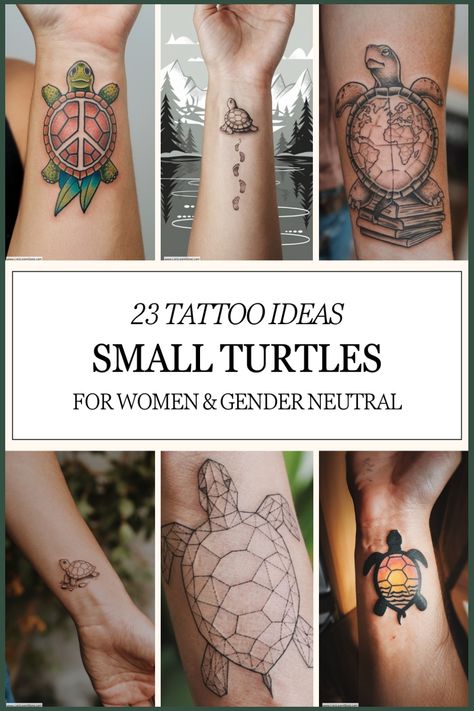 23 small turtle tattoo ideas for women and gender-neutral. Top left: turtle with a peace symbol shell. Top middle: turtle with mountains. Top right: turtle on books. Bottom left: detailed small turtle. Bottom middle: geometric turtle. Bottom right: colorful turtle. Forearm Tattoo Women Sea Turtle, Ohana Tattoo With Turtle, Turtle Tattoo Colorful, Wrist Turtle Tattoo, Turtle Tattoo On Ribs, Tattoo Ideas Female Turtle, Hawaiian Turtle Tattoos Flowers, Cute Turtle Tattoos For Women, Leatherback Turtle Tattoo