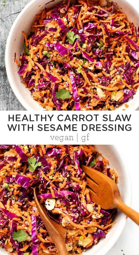 This healthy Carrot Slaw recipe uses cabbage and quinoa for an easy summer side. This quick vegan salad is tossed in a delicious, easy Asian sesame dressing. Perfect to use on fish tacos ! #healthyslaw #carrotslaw #sesamedressing #slawrecipes Carrot Slaw Recipe, Yum Salad, Asian Sesame Dressing, Vegan Coleslaw, Carrot Slaw, Cheap Clean Eating, Quick Vegan, Slaw Recipe, Simply Quinoa