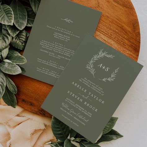 $2.77 | Minimal Leaf | Dark Green All In One Wedding Invitation #rustic front and back wedding #elegant all in one wedding #botanical reception details and rsvp #classic whimsical minimalist leaves k102 #simple affordable printable wedding #modern all-in-one wedding stationery #greenery cheap instant download #olive green inexpensive wedding invite #boho mountain forest sage white #dark hunter pine woodsy foliage Whimsical Minimalist, Minimalist Leaves, Boho Wedding Invitation Template, Popular Wedding Invitations, Boho Mountain, Minimalist Mountain, Boho Wedding Invitations, Wedding Invitations Simple, Minimalist Invitation