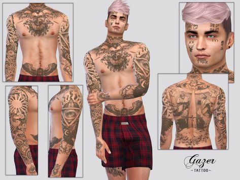 The Sims Resource - Gazer Tattoo Sims 4 Cc Tattoo Male Neck, Sims 4 Face Tattoos, Tattoos Sims 4 Cc, Sims 4 Cc Tattoo, Sims Tattoo, Sims Accessories, Cc Accessories, Legacy Challenge, Los Sims 4 Mods