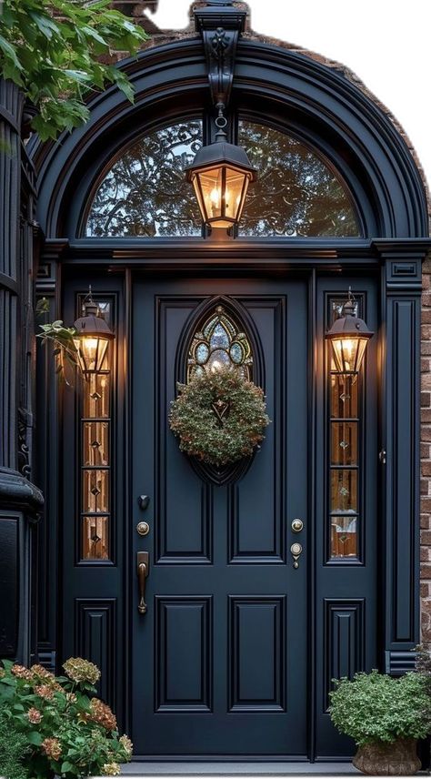 Pretty Doors Entrance, Victorian Style Front Door, Victorian Foyer Entryway, Inside Porch Ideas Entrance, Dark Blue Door, Victorian Foyer, Reading Bujo, Victorian Home Exterior, Victorian Front Door