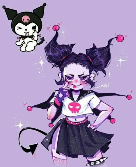 Sanrio As Humans Drawing, Sanrio Human Version, Kuromi Fanart, Kuromi Art, Kuromi X My Melody, Kuromi Style, My Melody X Kuromi, Kuromi Drawing, Kuromi Cosplay