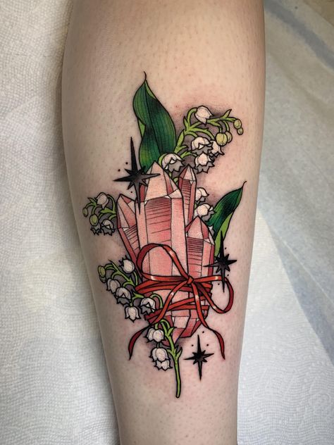 Rose Quartz Tattoo, Lily Of The Valley Tattoo, Valley Tattoo, Tato Tradisional, Crystal Tattoo, Witch Tattoo, 4 Tattoo, Tatuaje A Color, Skin Art