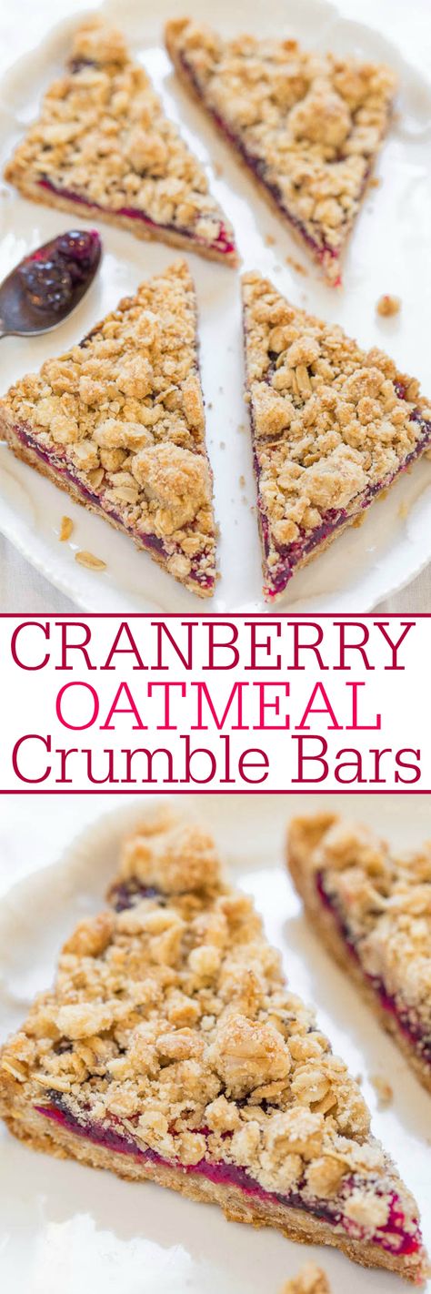 Cranberry Oatmeal Crumble Bars - Averie Cooks Cranberry Oatmeal Bars, Oatmeal Crumble Bars, Crumble Recipes, Oatmeal Crumble, Cranberry Oatmeal, Chocolate Peanut Butter Desserts, Averie Cooks, Crumble Bars, Peanut Butter Desserts