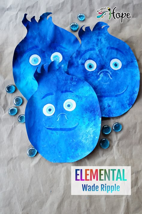 Wade Ripple from Elemental made with paper and paint Elemental Wade Ripple, Elemental Activities For Kids, Elemental Movie Crafts, Elemental Crafts, Frosty The Snowman Party, Les 4 Elements, Elemental Character, Wade Ripple, Disney Elemental