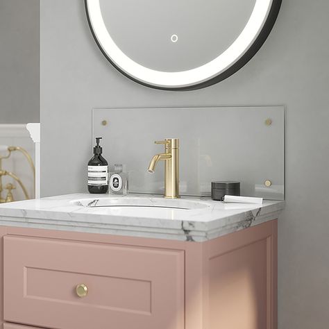 Venice Clear Glass Bathroom Splashback 250 x 600mm - Brushed Brass Caps Splashback Bathroom, Freestanding Bath With Shower, Bathroom Splashback, Paneled Walls, Double Ended Bath, Bathroom Ensuite, Corner Bath, Steel Bath, Toilet Sink