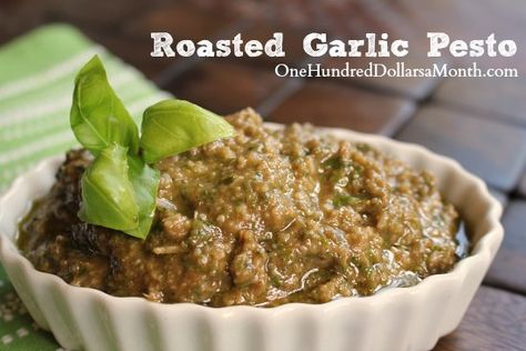 Roasted Garlic Pesto Recipe - One Hundred Dollars a Month Pesto Ideas, Garlic Pesto Recipe, Pesto Marinade, Garlic Harvest, Garlic Pesto, Pesto Recipes, Processor Recipes, Food Preserving, Baking Easy