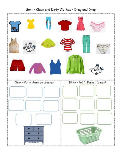 Sorting Worksheet, Clean And Dirty Activity For Kids, Life Skills For Children, Clothes Worksheet, Preschool Rules, Sorting Clothes, Speech Therapy Games, Social Skills Groups, Teaching Skills