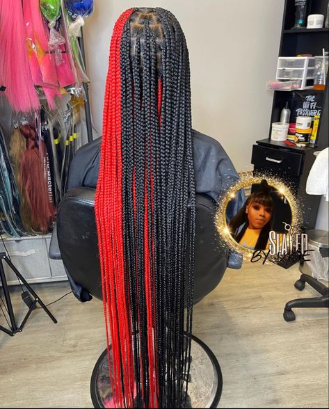 hairstyles for black girls. long red and black knot less. Half Half Knotless Braids, Red Skunk Stripe Box Braids, Hair Extensions For Braiding, Knotless Medium Braids With Color, Braids Hairstyles Red And Black, Neopolitan Colored Knotless Braids, Two Colored Braids Black Women, Red Peak A Boo Knotless Braids, Color Braid Ideas