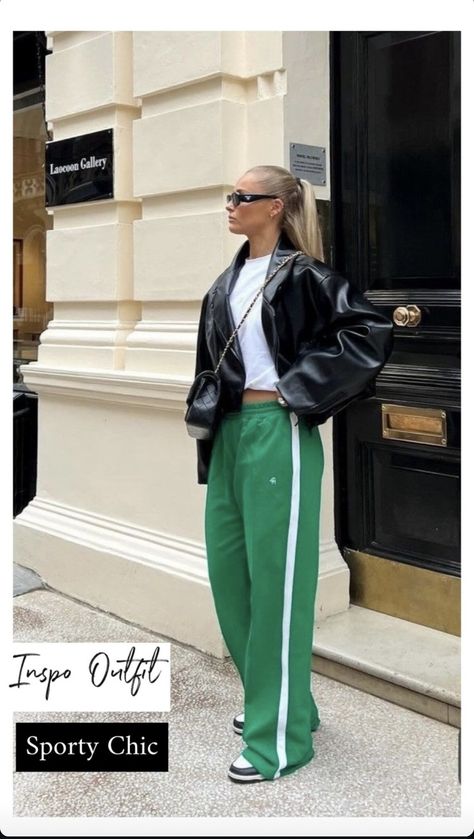 Sports Luxe Outfit, Green Adidas Track Pants Outfit, Green Adidas Pants Outfit, Sport Aesthetic Outfit, Green Track Pants Outfit, Adidas Firebird Pants Outfit, Track Pants Outfit Aesthetic, Casual Green Outfit, Dark Green Outfit