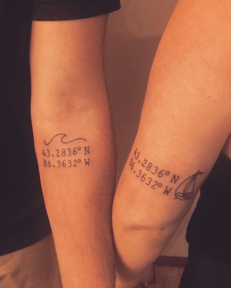 Tattoo Coordinates, Strand Tattoo, Siblings Tattoo For 3, Michigan Tattoos, Jonboy Tattoo, Lake Tattoo, Small Back Tattoos, Coordinates Tattoo, Matching Friend Tattoos