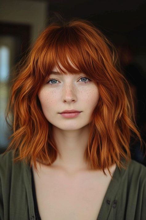 Shaggy Red Hair With Bangs, Short Shag With Bangs Round Face, Copper Hair Fringe, Copper Lob With Bangs, Short Red Hair With Bangs Round Faces, Wavy Bobs With Bangs, Copper Hair With Fringe, Red Lob Haircut, Short Copper Hair With Bangs