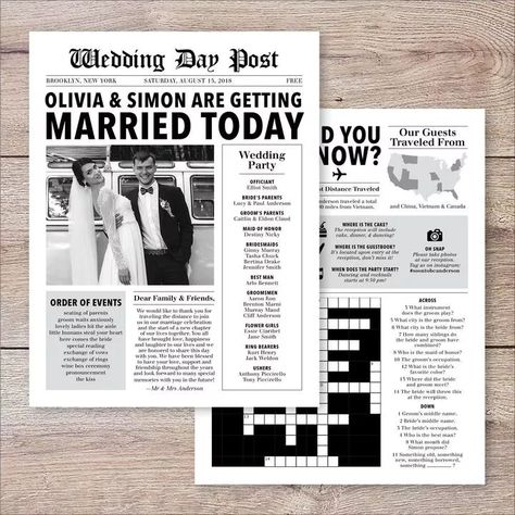 Yoga Ceremony, Fun Wedding Programs, Newspaper Wedding, Newspaper Wedding Programs, Wedding Wording, Wedding Infographic, Unique Wedding Programs, Wedding Newspaper, Printable Wedding Programs