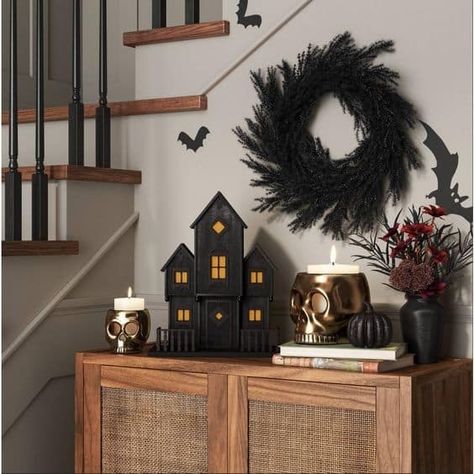 31 Aesthetic Halloween Decor Ideas » Lady Decluttered Target Halloween, Casa Halloween, Diy Halloween Decor, Wooden Light, Handcrafted Decor, Halloween Candles, Fall Halloween Decor, Halloween Home Decor, Halloween Skull