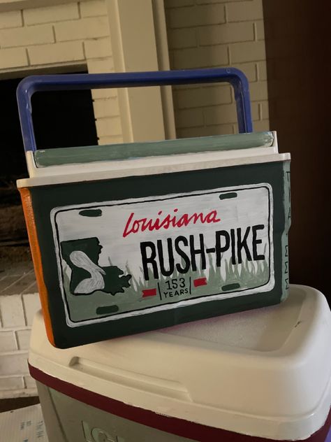 Frat Ice Chest, Frat Cooler License Plate, Frat Ice Chest Cooler Painting, Frat Cornhole Boards, Country Frat Cooler, Frat Coolers Formal Pike, Pike Formal Cooler, Frat Coolers Nashville, Pike Cooler Ideas Fraternity