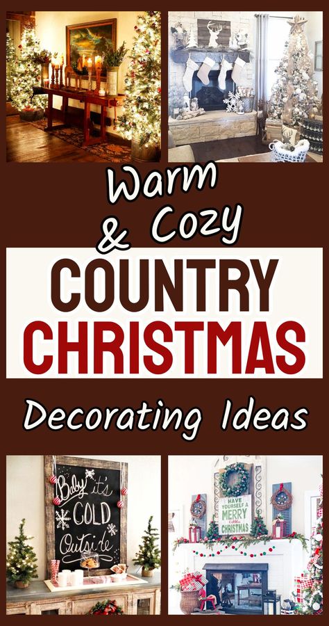 Cozy Country Christmas Decorating Ideas For an Old Fashioned Rustic Farmhouse Christmas On a Budget - cheap ways to decorate for Christmas in country rustic farmhouse style with Dollar Tree store Christmas decorations, DIY craft decor and more for a warm and cozy home this holiday Christmas Decor Rustic Country, Cozy Country Christmas Decorating Ideas, Homemade Farmhouse Christmas Decor, Christmas Decor For Farmhouse, Farmhouse Christmas Decor Ideas Diy Living Room, Simple Christmas Tree Ideas Rustic, Country Xmas Decorating Ideas, Country Farm Christmas Decor, Country Cabin Christmas