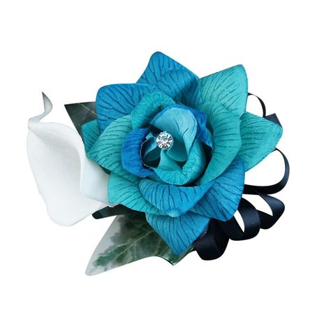 Wrist Corsage - 3 Shades of Rose in Turquoise, Jade, Aqua, White Calla Lily >>> Click on the image for additional details. White Calla Lily, Shade Roses, Bride’s Mother, Wooden Roses, Rose Boutonniere, Corsage And Boutonniere, Prom Flowers, Corsage Wedding, Boutonniere Wedding